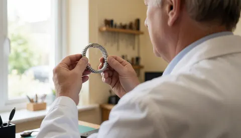 Un horloger en blouse blanche examine un bracelet en acier inoxydable près d'une fenêtre, avec des outils sur une étagère en arrière-plan.