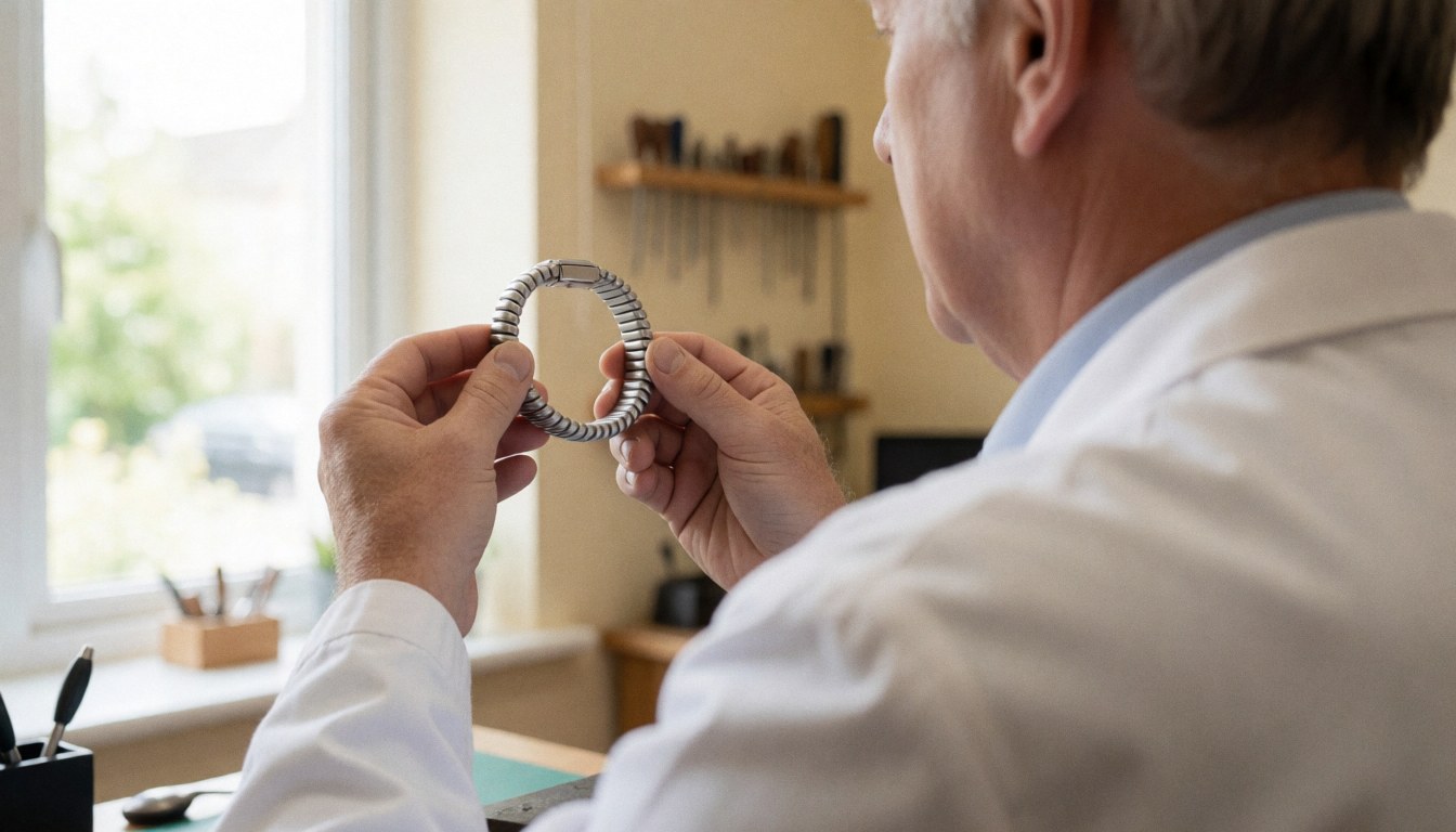 Un horloger en blouse blanche examine un bracelet en acier inoxydable près d'une fenêtre, avec des outils sur une étagère en arrière-plan.