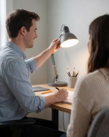 Un homme règle l'éclairage d'une lampe de bureau pendant qu'une femme prend des notes dans un cahin sur une table en bois dans un bureau moderne.