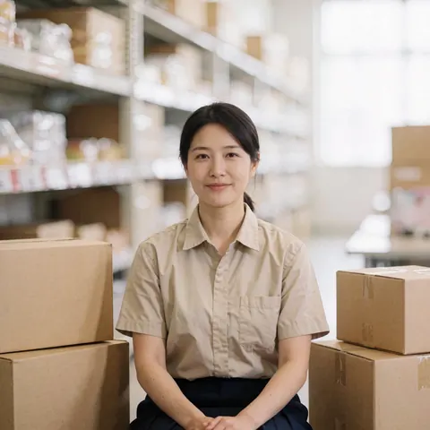 Une femme en tenue de travail se tient dans un entrepôt organisé, entourée de rayonnages et de cartons empilés, évoquant un environnement logistique professionnel.