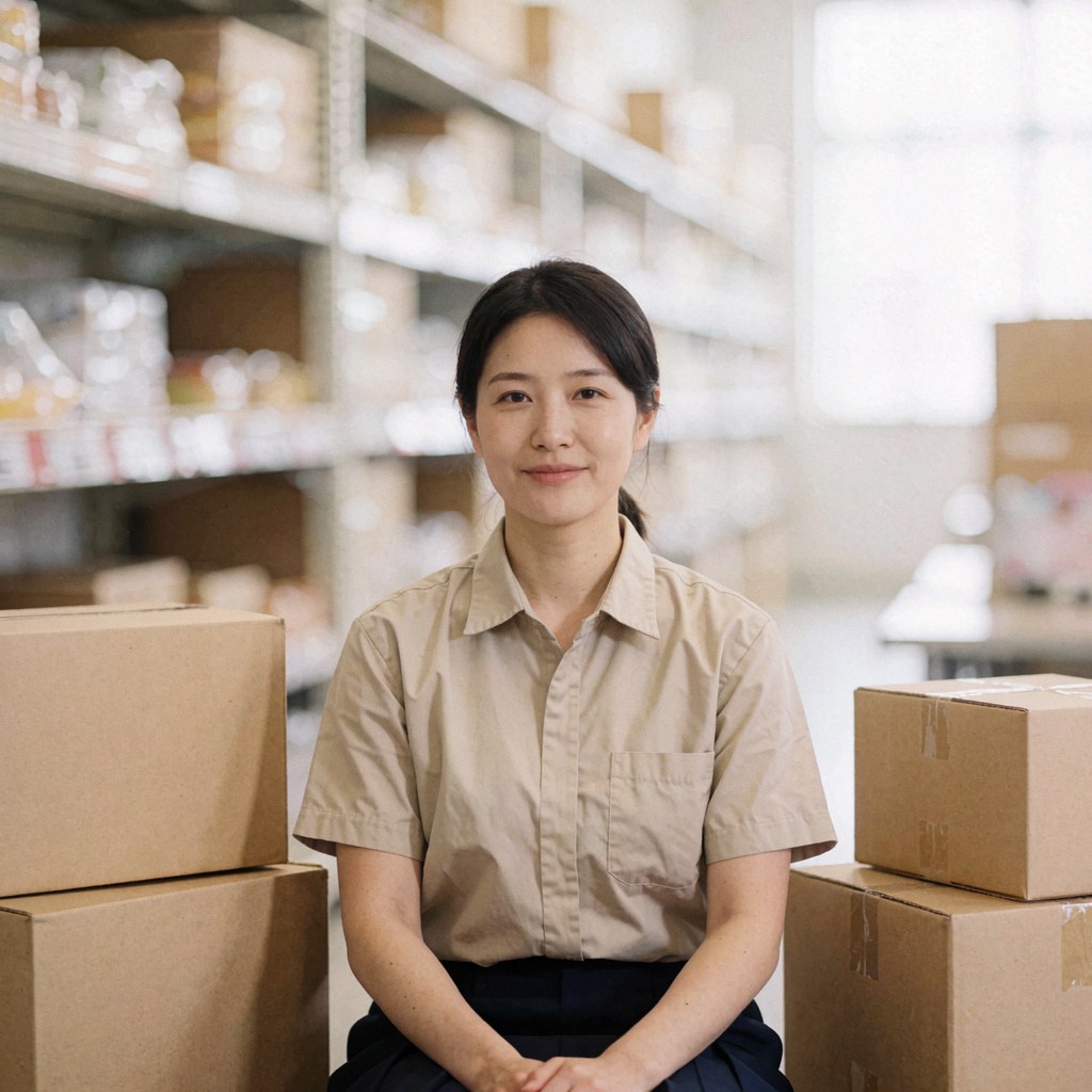 Une femme en tenue de travail se tient dans un entrepôt organisé, entourée de rayonnages et de cartons empilés, évoquant un environnement logistique professionnel.
