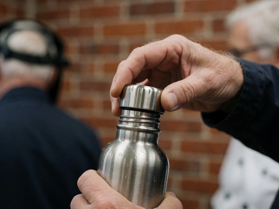 Main adulte ouvrant une bouteille d'eau réutilisable en métal avec des gouttes, fond de mur en briques, scène de détail pour entreprise de zoo.
