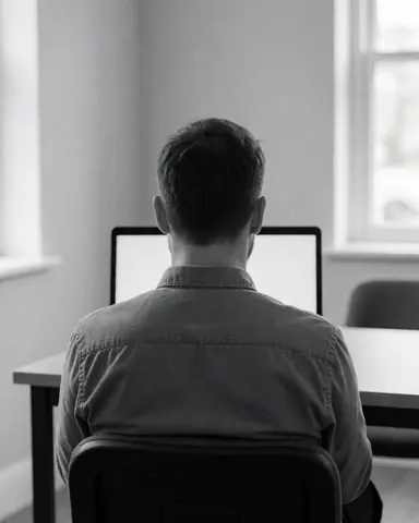 Vue arrière d'un étudiant utilisant un ordinateur portable sur un bureau, avec des murs clairs et une lumière naturelle, dans le cadre d'un cours de programmation.