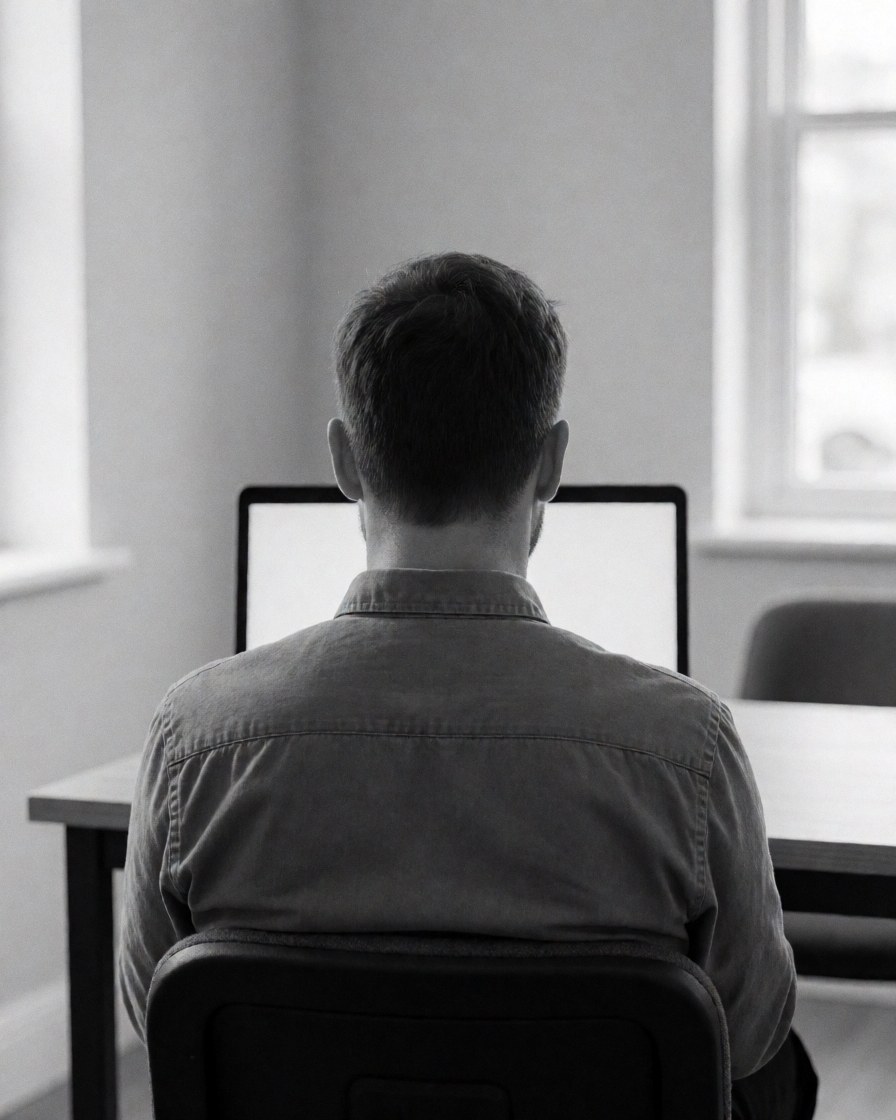 Vue arrière d'un étudiant utilisant un ordinateur portable sur un bureau, avec des murs clairs et une lumière naturelle, dans le cadre d'un cours de programmation.