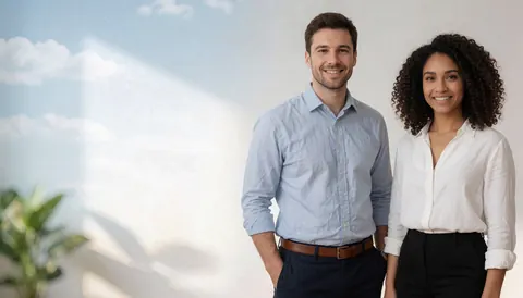 Deux professionnels souriants debout devant un mur blanc éclairé par la lumière naturelle avec un espace vide à gauche pour ajouter du texte.