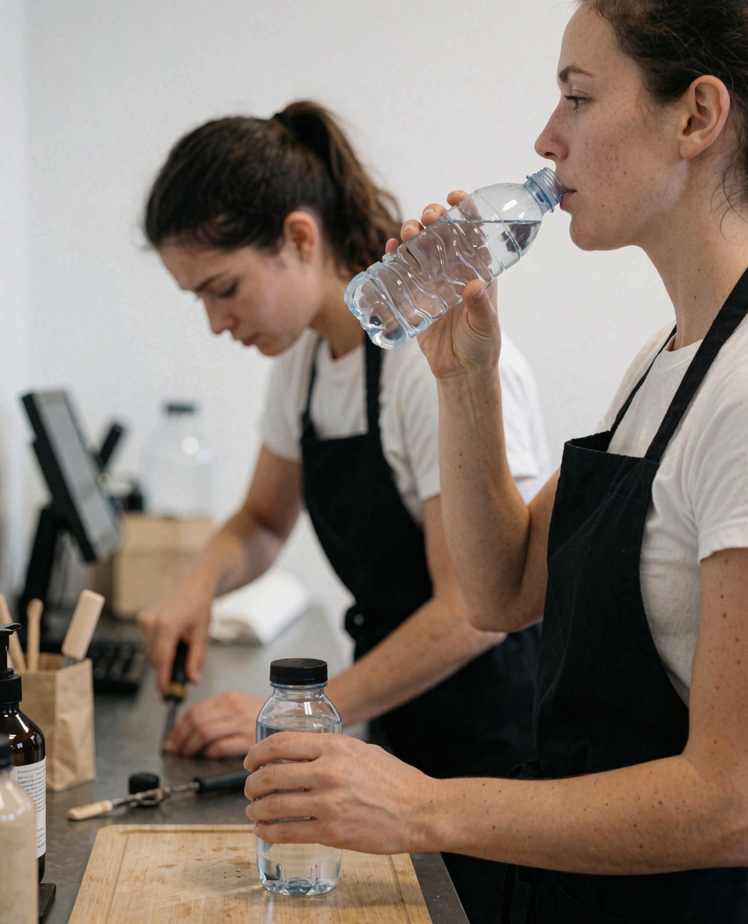 Deux personnes en tabliers noirs travaillent dans une cuisine moderne. L'une boit de l'eau tandis que l'autre coupe des aliments avec un couteau, avec un ordinateur en arrière-plan.