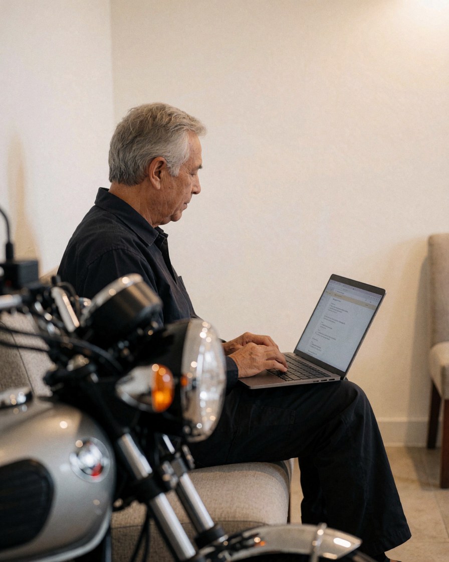 Un client attend avec son ordinateur portable pendant que sa moto réparée est visible dans un atelier professionnel.