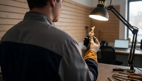 Serrurier portant des gants tient une clé maîtresse sous un éclairage de bureau dans un atelier aux murs en bois.
