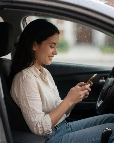 Une cliente heureuse utilise son smartphone à l'intérieur d'un véhicule alors qu'il pleut dehors, illustrant un moment de connexion en déplacement.