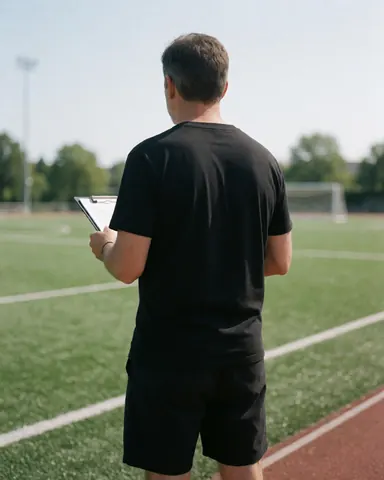 Entraîneur de football vu de dos tenant un classeur sur un terrain vert ensoleillé, prêt à entraîner une équipe.