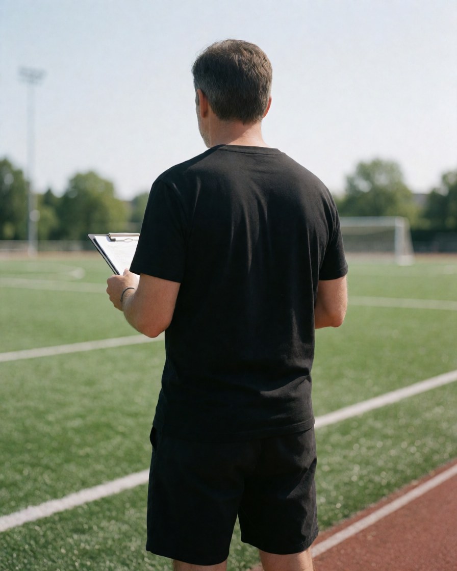 Entraîneur de football vu de dos tenant un classeur sur un terrain vert ensoleillé, prêt à entraîner une équipe.