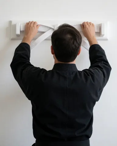 Un instructeur d'arts martiaux place une ceinture blanche sur un support mural dans un dojo aux murs blancs.