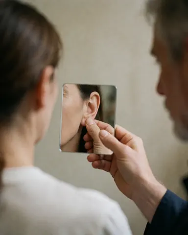 Une cliente examine son nouveau piercing dans un petit miroir tenu par un professionnel dans un studio neutre, mettant en valeur le service et la satisfaction du client.