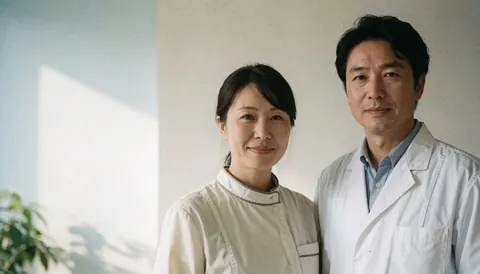 Deux professionnels de santé en blouse blanche sourient devant des murs blancs et une plante, dans un environnement clinique.
