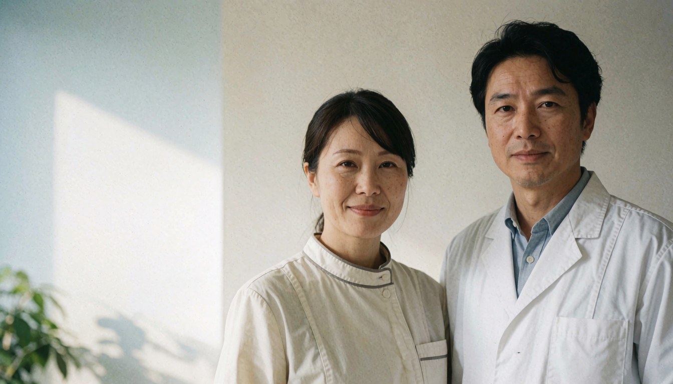 Deux professionnels de santé en blouse blanche sourient devant des murs blancs et une plante, dans un environnement clinique.
