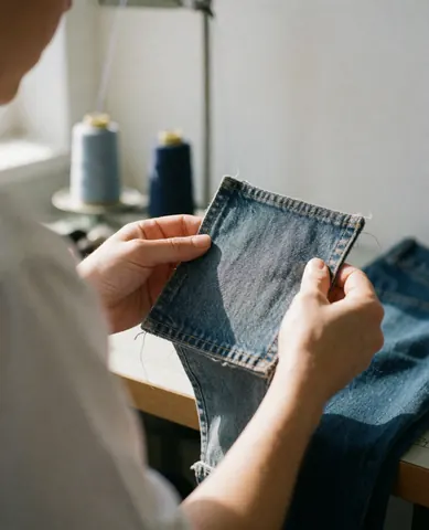 Mains tenant un patch en jean cousu avec des fils et des bobines de fil bleu en arrière-plan dans un atelier de bricolage