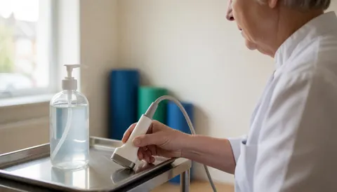 Un professionnel de la santé manipule un transducteur à ultrasons dans un cadre clinique, avec du gel et des tapis d'exercice visibles en arrière-plan.