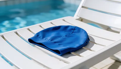 Bonnet de natation bleu plié sur une chaise blanche près d'une piscine à l'eau bleue floue, idéal pour une piscine publique.