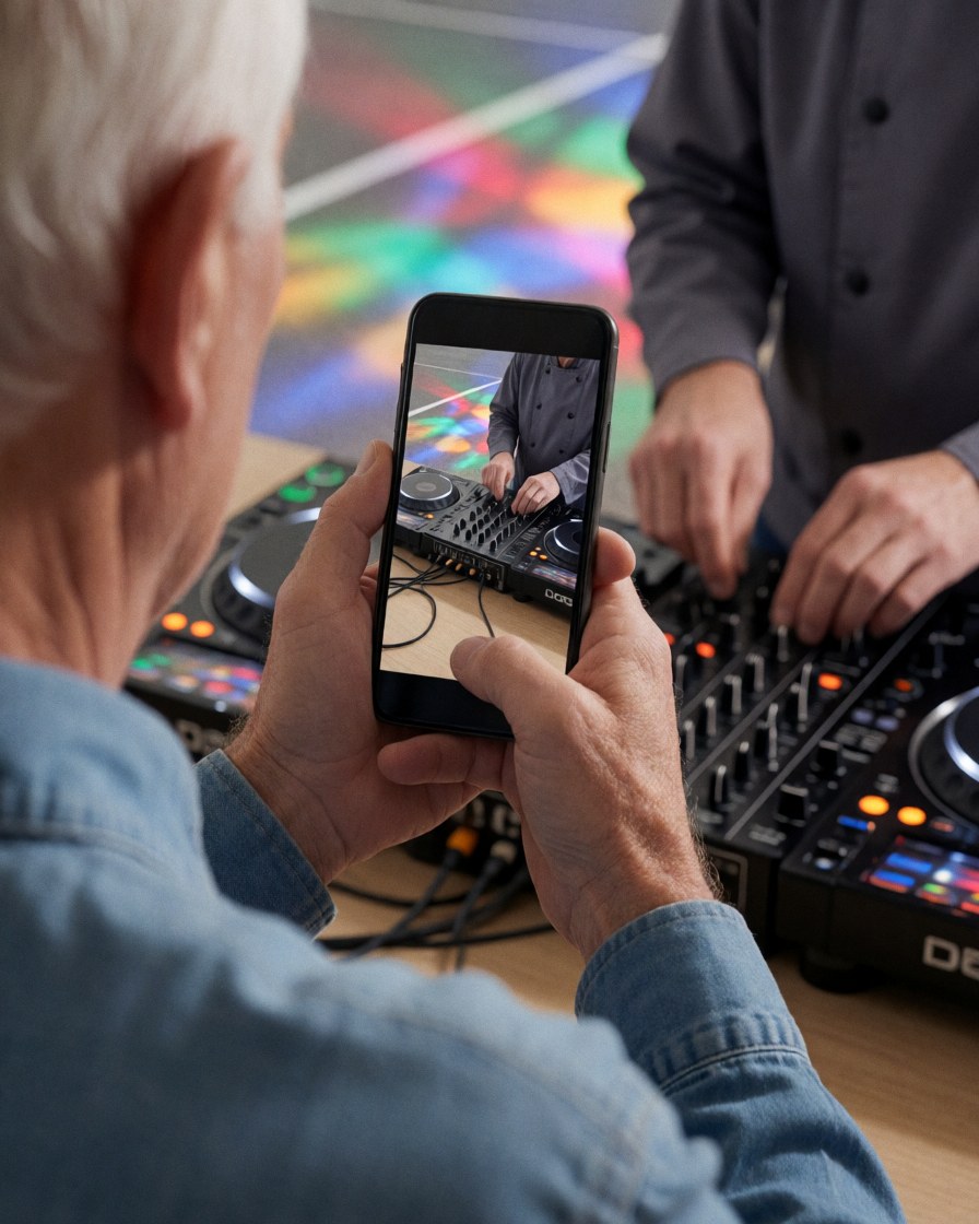 Une cliente utilise son téléphone portable pour enregistrer un dj qui ajuste son mélangeur lors d'une fête animée avec des lumières colorées.