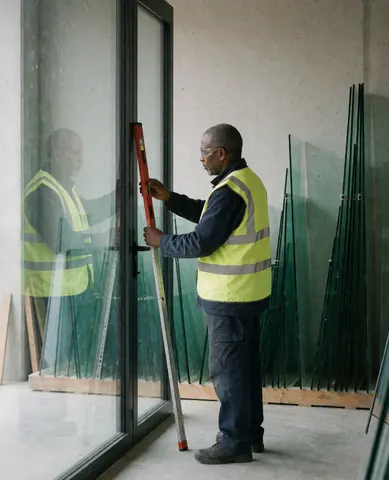 Un ouvrier en gilet jaune mesure une porte en verre feuilleté avec un niveau dans un atelier de vitrerie.