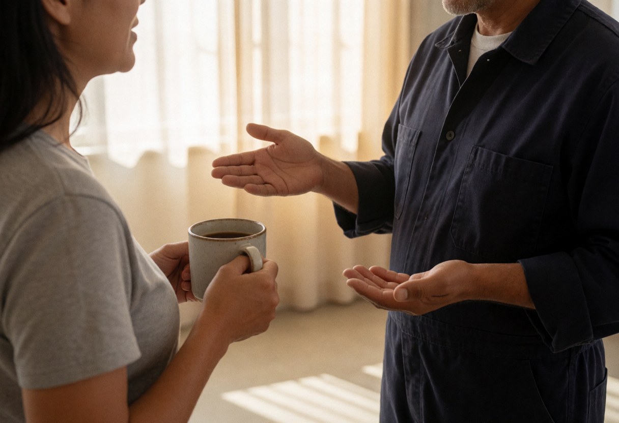 Deux personnes discutent avec du café à la lumière naturelle, murs lisses, vêtements de travail visibles, scène de service.