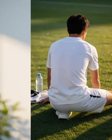 Un jeune footballeur sur un terrain d'entraînement avec une bouteille d'eau, idéal pour illustrer le coaching sportif.