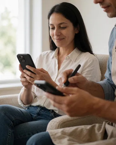 Une cliente heureuse utilise son téléphone portable dans un salon baigné de lumière naturelle, assise confortablement sur une chaise et souriant.