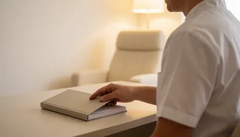Un professionnel en uniforme blanc ferme un carnet sur un bureau dans un cabinet d'hypnothérapie, avec une chaise longue et une lumière chaude en arrière-plan.