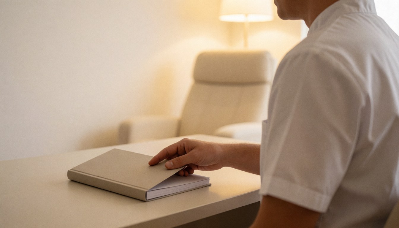Un professionnel en uniforme blanc ferme un carnet sur un bureau dans un cabinet d'hypnothérapie, avec une chaise longue et une lumière chaude en arrière-plan.