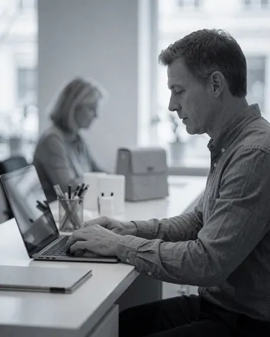 Un homme professionnel utilise un ordinateur portable sur un bureau moderne et propre dans un environnement de travail ordonné.
