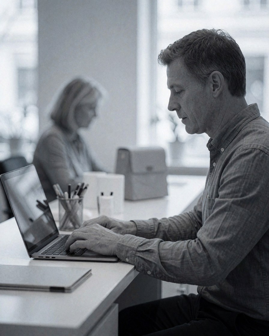 Un homme professionnel utilise un ordinateur portable sur un bureau moderne et propre dans un environnement de travail ordonné.