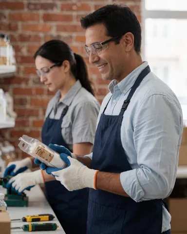 Deux travailleurs portant des lunettes de sécurité dans un atelier. L'un tient un produit emballé tandis que l'autre utilise des outils sur une table en bois.