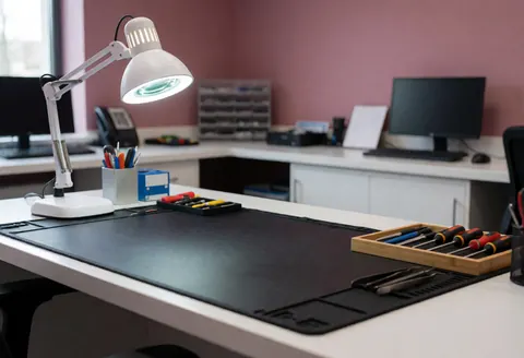 Bureau d'atelier de réparation informatique avec tapis noir, loupe et outils rangés dans une boîte en bois.