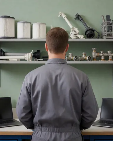 Vue arrière d'un technicien en atelier de réparation d'appareils ménagers, devant des étagères avec filtres, vannes et pièces de lave-vaisselle organisées.