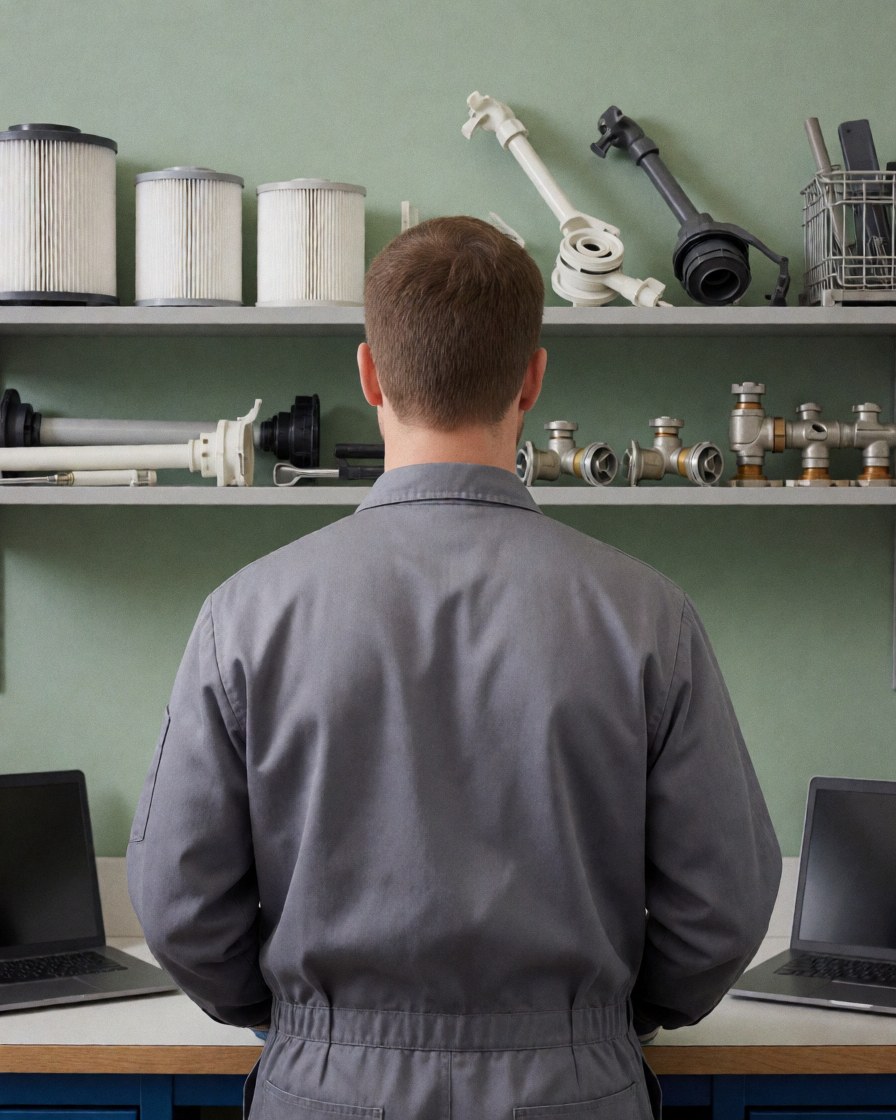 Vue arrière d'un technicien en atelier de réparation d'appareils ménagers, devant des étagères avec filtres, vannes et pièces de lave-vaisselle organisées.