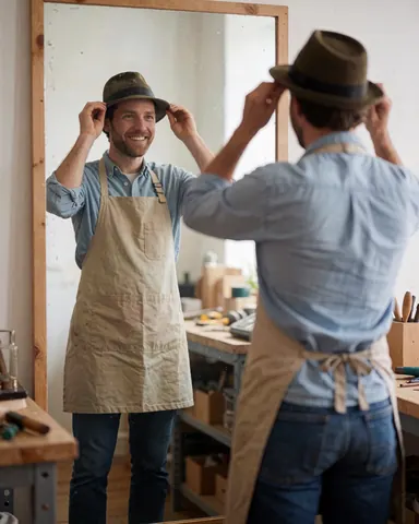 Un homme portant un tablier essaie une casquette devant un miroir dans un atelier de menuiserie avec des outils visibles en arrière-plan.
