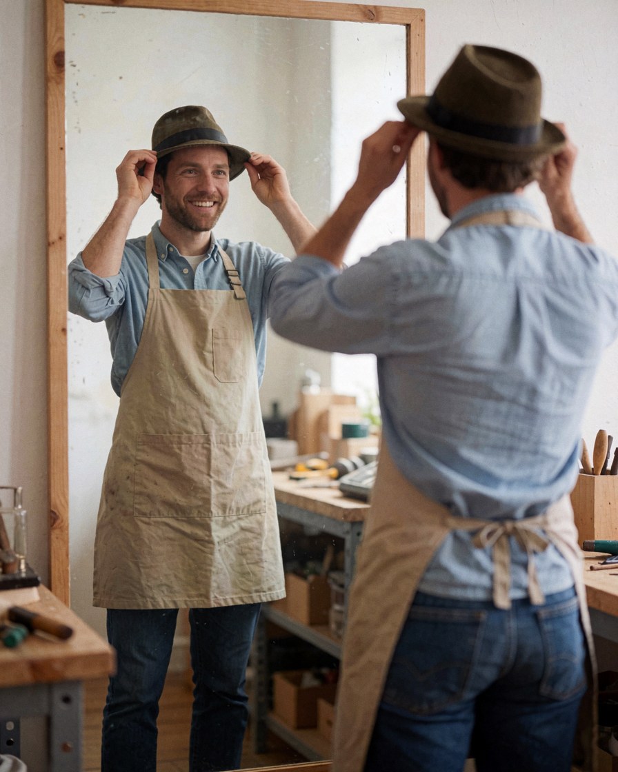 Un homme portant un tablier essaie une casquette devant un miroir dans un atelier de menuiserie avec des outils visibles en arrière-plan.