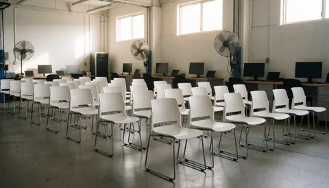 Des chaises blanches empilées dans une salle informatique avec des ventilateurs et de la lumière naturelle, servant de fond pour du texte sur la location de mobilier.