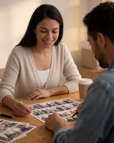 Une femme sourit en regardant des photos imprimées avec un homme sur une table en bois, une tasse de café et une lumière chaleureuse dans un studio photo.