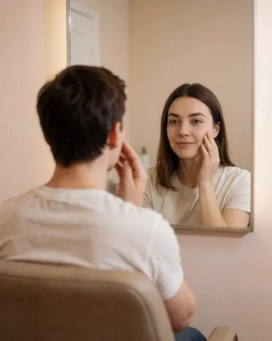 Une cliente heureuse regarde son nouveau maquillage dans le miroir, touchant sa joue, dans un salon de beauté avec des murs beige et une lumière naturelle.