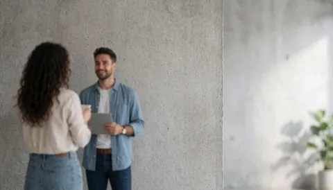 Fond de mur en béton gris avec deux personnes discutant, lumière naturelle et espace pour texte à droite, idéal pour les affaires.