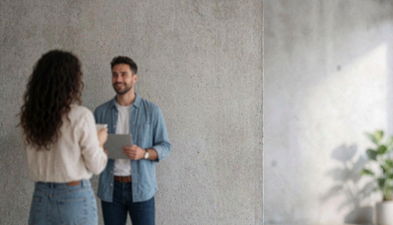 Fond de mur en béton gris avec deux personnes discutant, lumière naturelle et espace pour texte à droite, idéal pour les affaires.