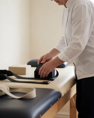 Un professionnel du yoga prépare son équipement composé de blocs et de sangles de yoga posés sur une table dans un espace lumineux et épuré.
