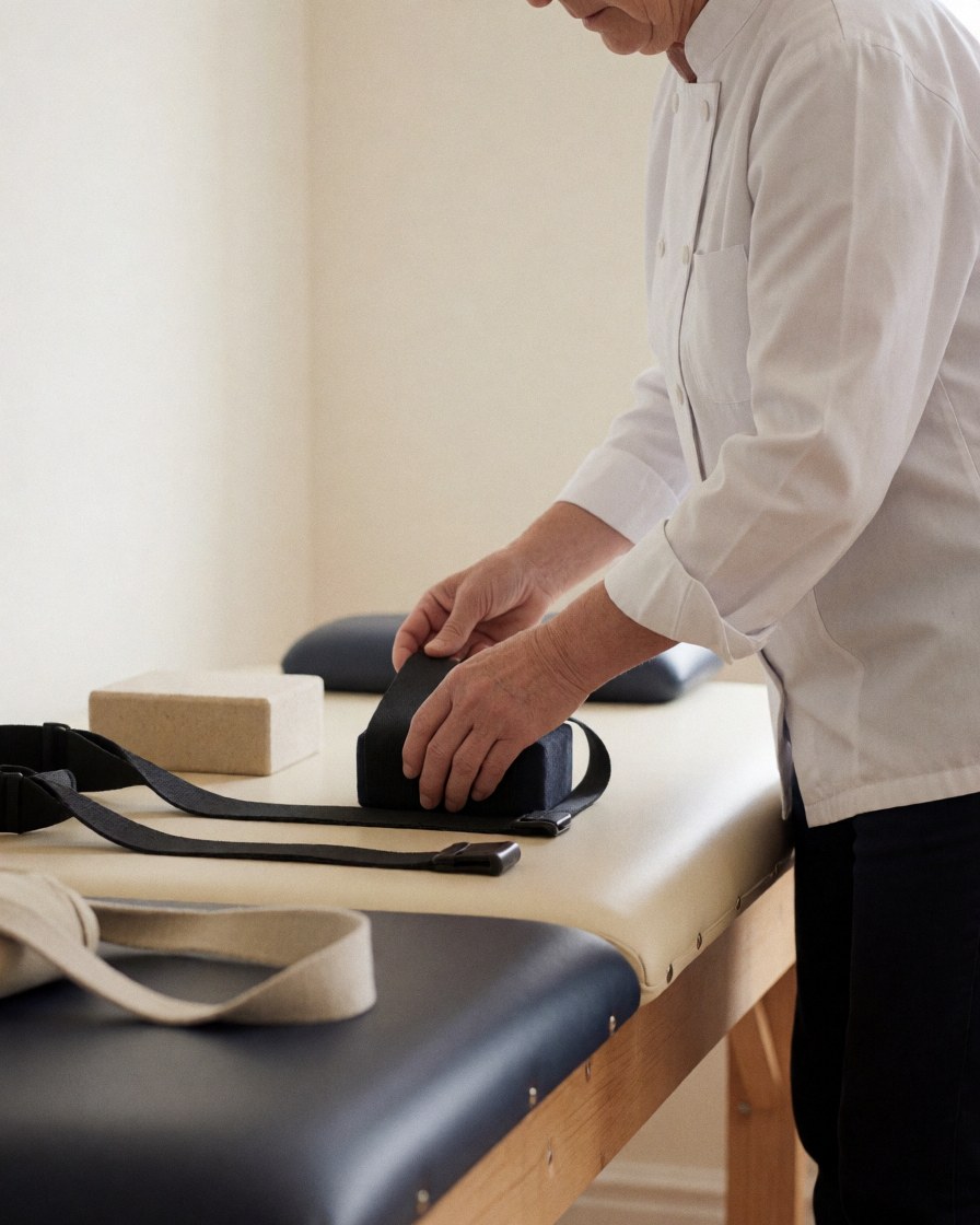 Un professionnel du yoga prépare son équipement composé de blocs et de sangles de yoga posés sur une table dans un espace lumineux et épuré.