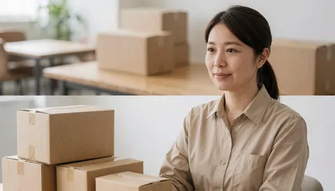Une femme sourit au milieu de cartons empilés dans un bureau moderne, illustrant le succès logistique et la satisfaction client pour les entreprises de livraison.