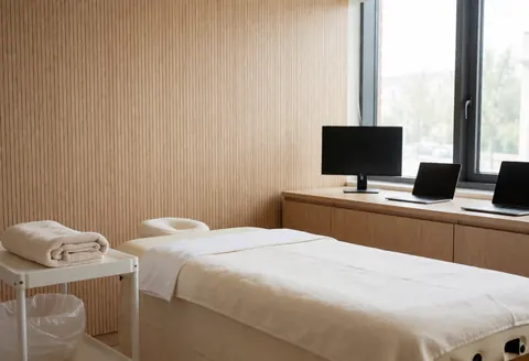 Salle de massage propre avec lits préparés, serviettes pliées et murs en bois, idéale pour les centres de bien-être.