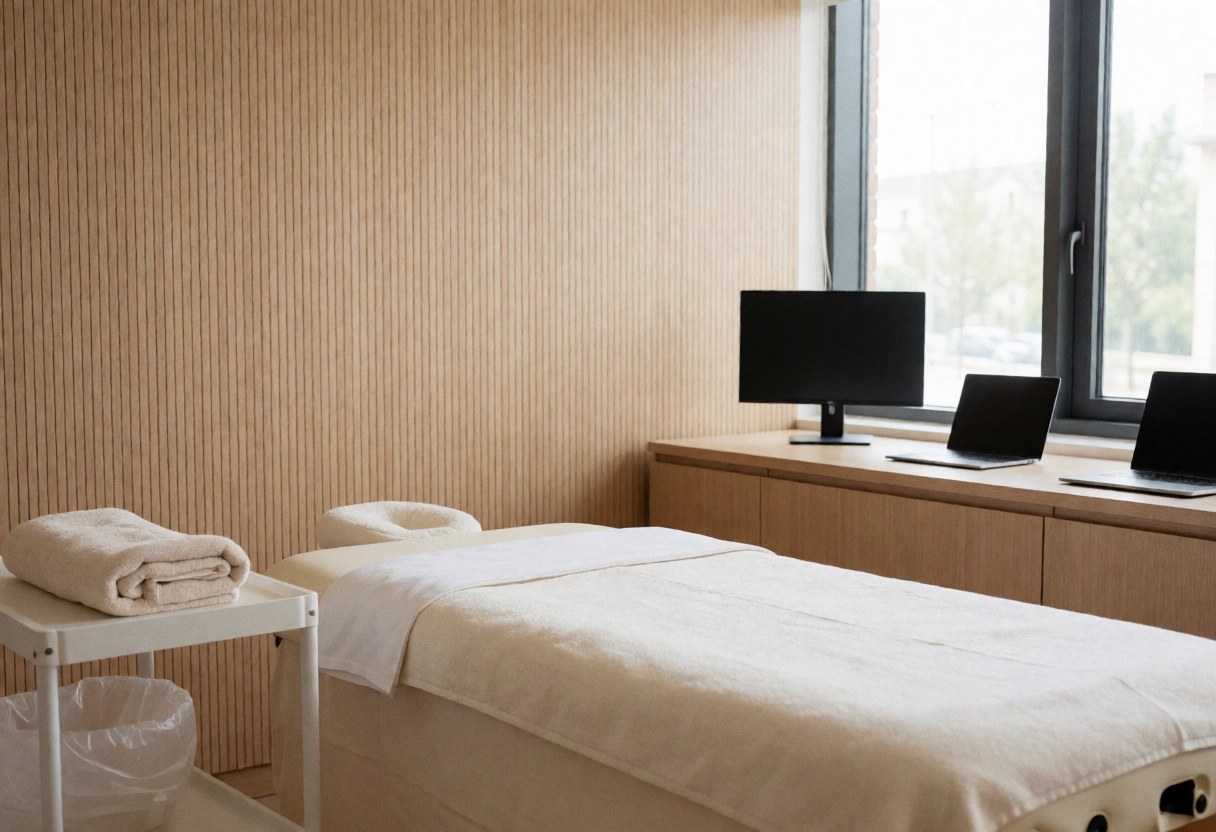 Salle de massage propre avec lits préparés, serviettes pliées et murs en bois, idéale pour les centres de bien-être.