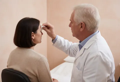 Un professionnel en blouse blanche applique une solution sur le front d'un client assis dans un cabinet médical aux murs clairs et à l'ambiance propre.