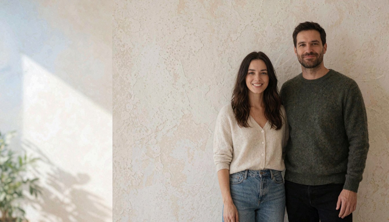 Un couple sourit devant un mur à texture douce éclairé par la lumière naturelle, idéal comme arrière-plan pour un contexte commercial ou professionnel.