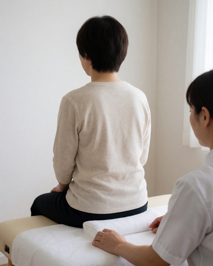 Un thérapeute effectue une séance de réflexologie sur un client assis sur un lit de traitement dans une clinique moderne aux murs blancs et aux servies propres.